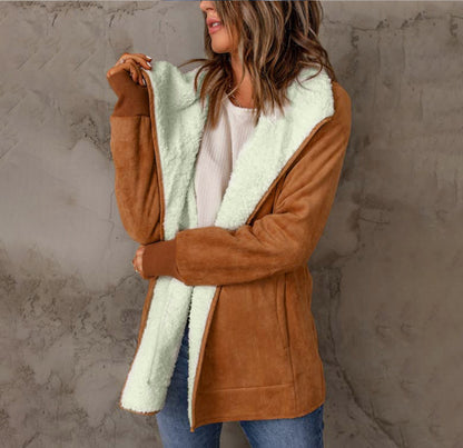 Women's Long-sleeved Suede Lambswool Warm Coat