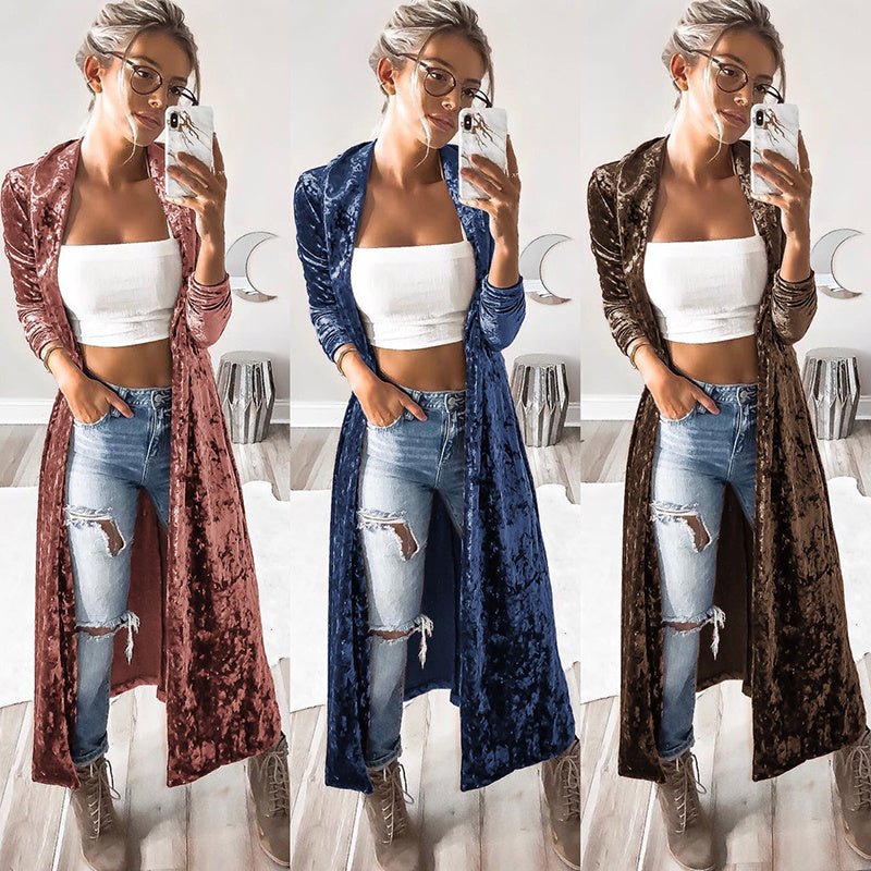 Damenmode Samtjacke Herbst Langer Mantel Stich Oberbekleidung Mantel Casual Tops Strickjacke Damen Kleidung Übergröße 