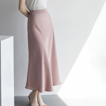 Jupe mi-longue en satin français pour femme, fourreau taille haute d'été