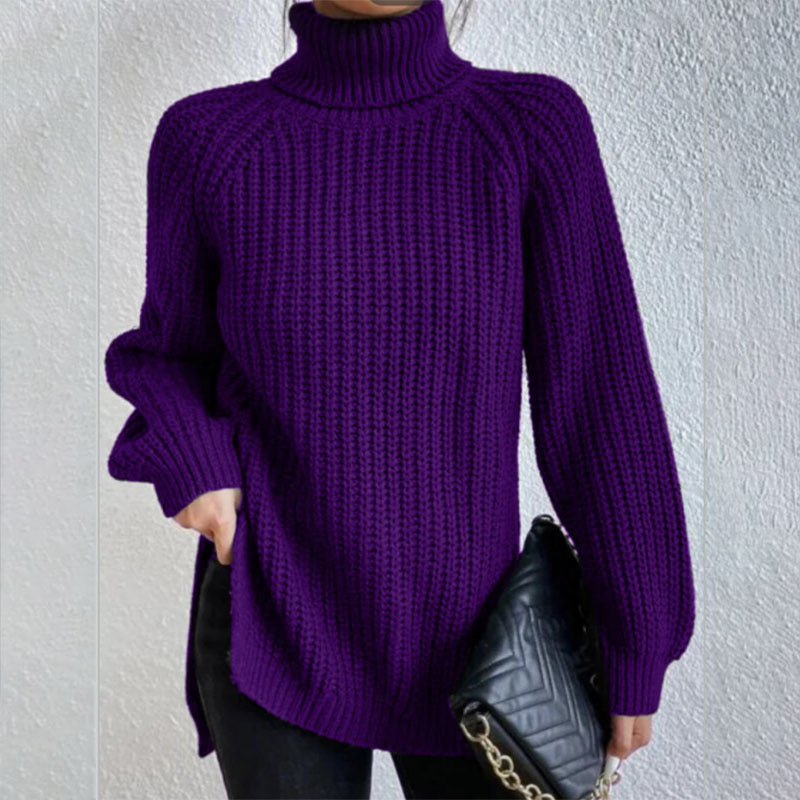 Pull à col roulé avec design fendu, mode simple, couleur unie, manches longues, vêtements pour femmes