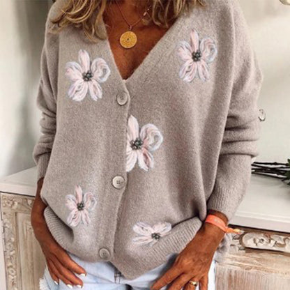 Women's Long-sleeved Cardigan Embroidered V-neck Knitted Sweater