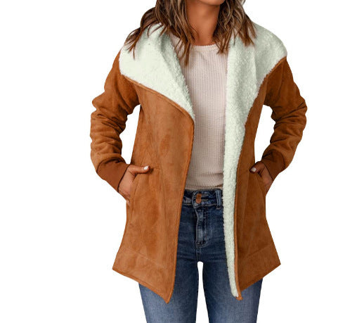 Manteau chaud en laine d'agneau et daim à manches longues pour femme