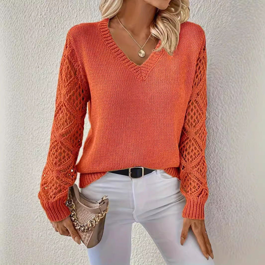 Loose Hollow Knitted Sweater Long-sleeved Pullover V-neck Top Women's Clothing