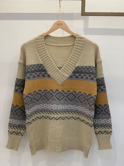 Bedruckter Freizeitpullover mit V-Ausschnitt und Strickunterwäsche für Damen