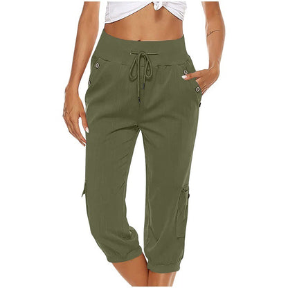 Women's Cropped Pants Cotton Linen Cargo Pocket Casual Pants