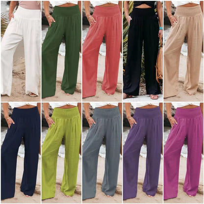 Pantalon décontracté pour femme en coton et lin à jambes larges