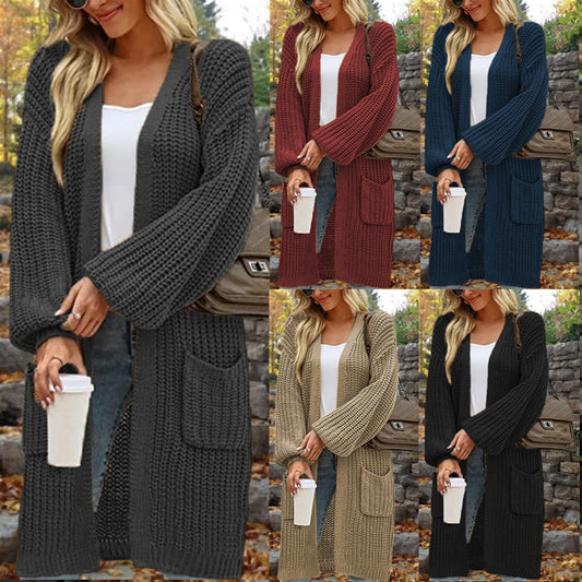 Pull ample à manches lanternes européen et américain pour femme, cardigan mi-long avec poche pour automne et hiver