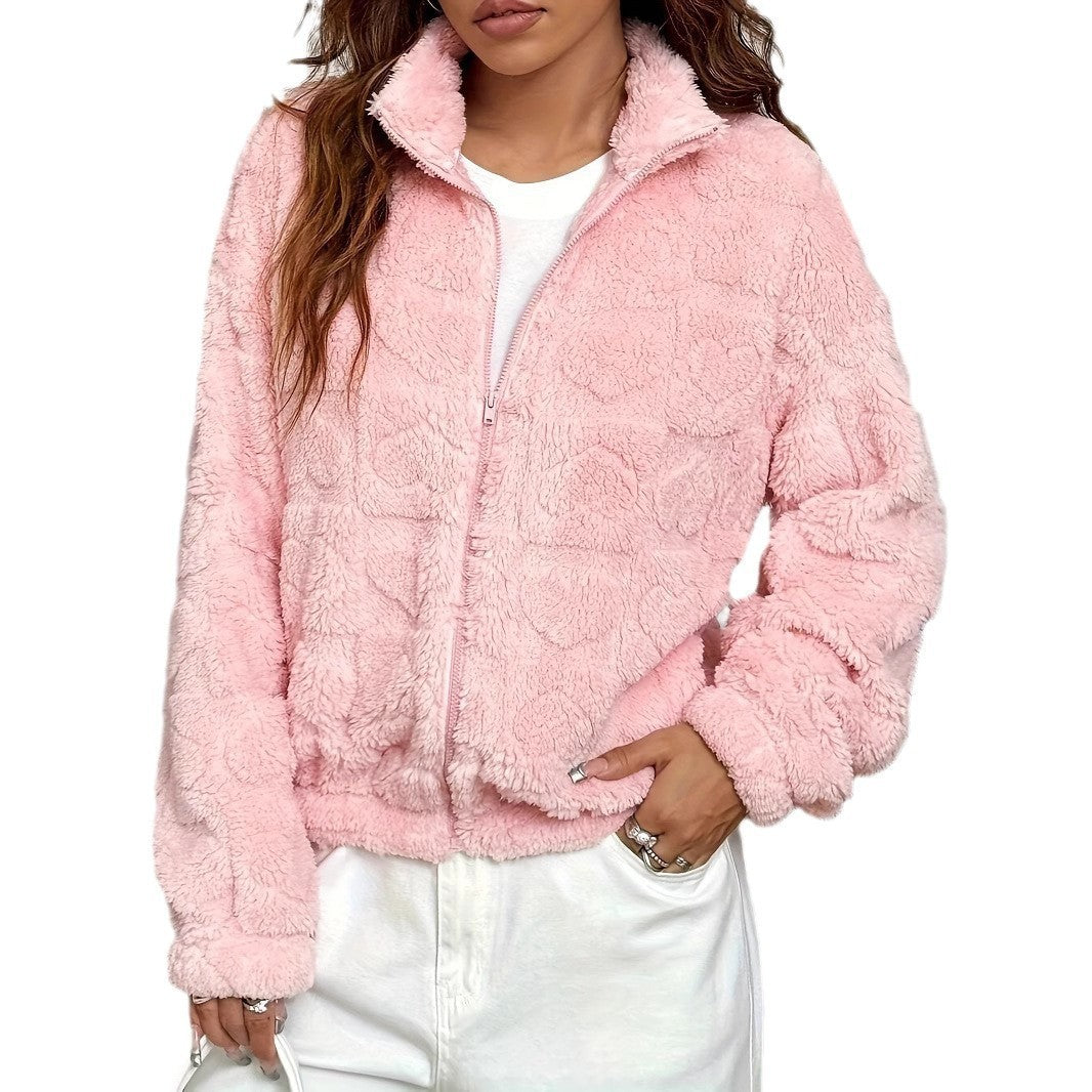 Cardigan zippé à col montant en peluche double face pour vêtements d'extérieur