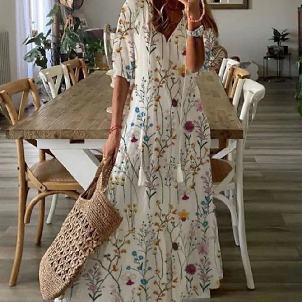 Robe longue imprimée à manches moyennes pour femme