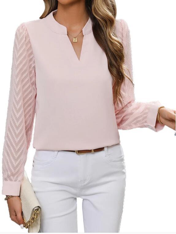 Chiffon Patchwork Long Sleeve Solid Color And V-neck Shirt