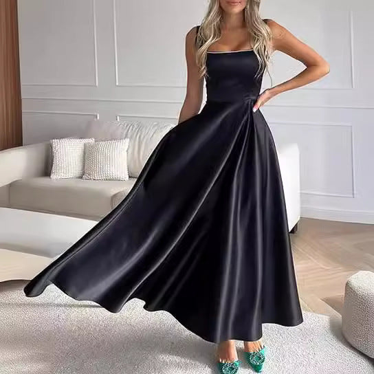 Robe longue décolletée sans manches à col carré pour femme