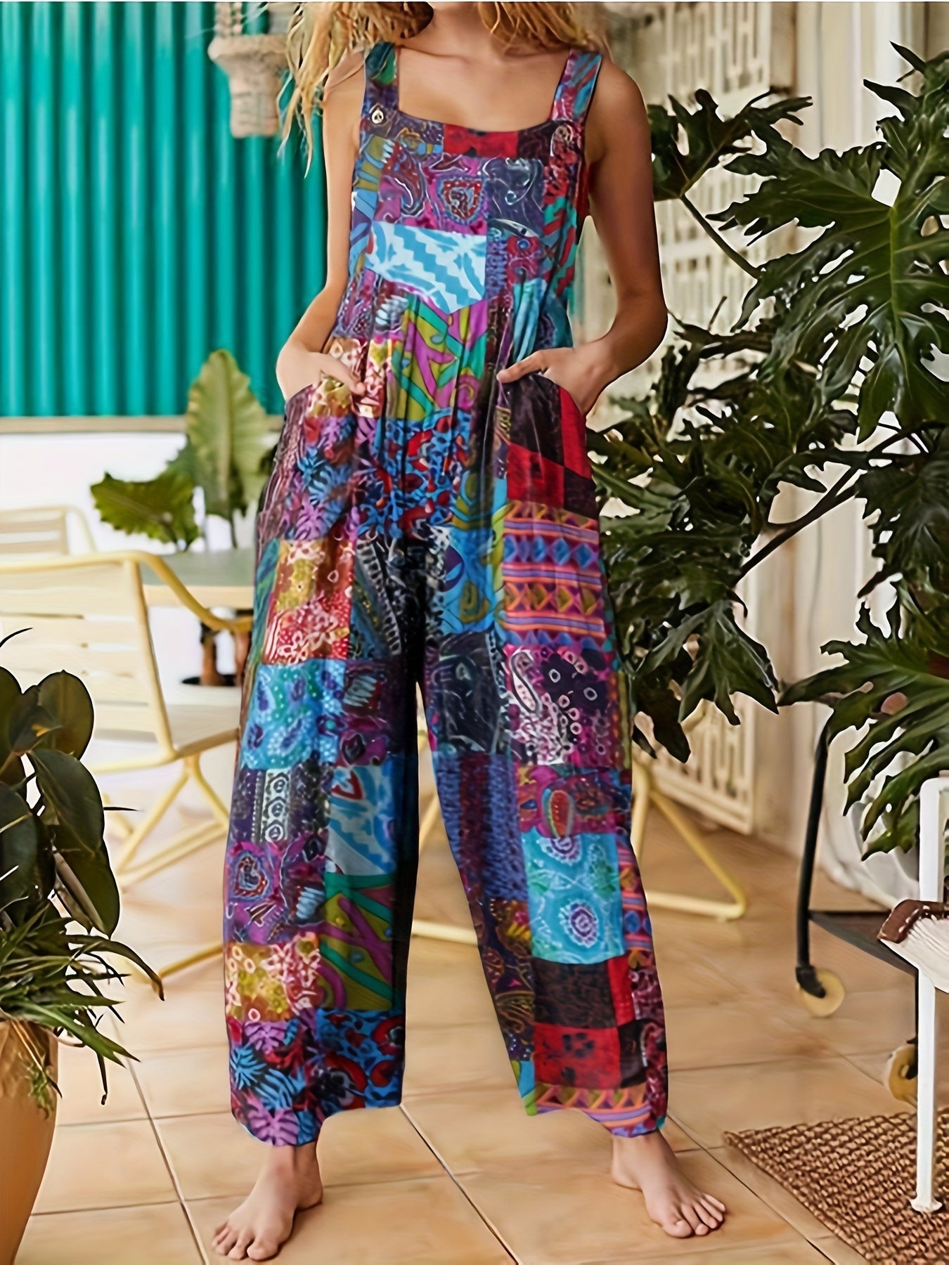 Women's Ethnic Style Suspender Button Printing Jumpsuit