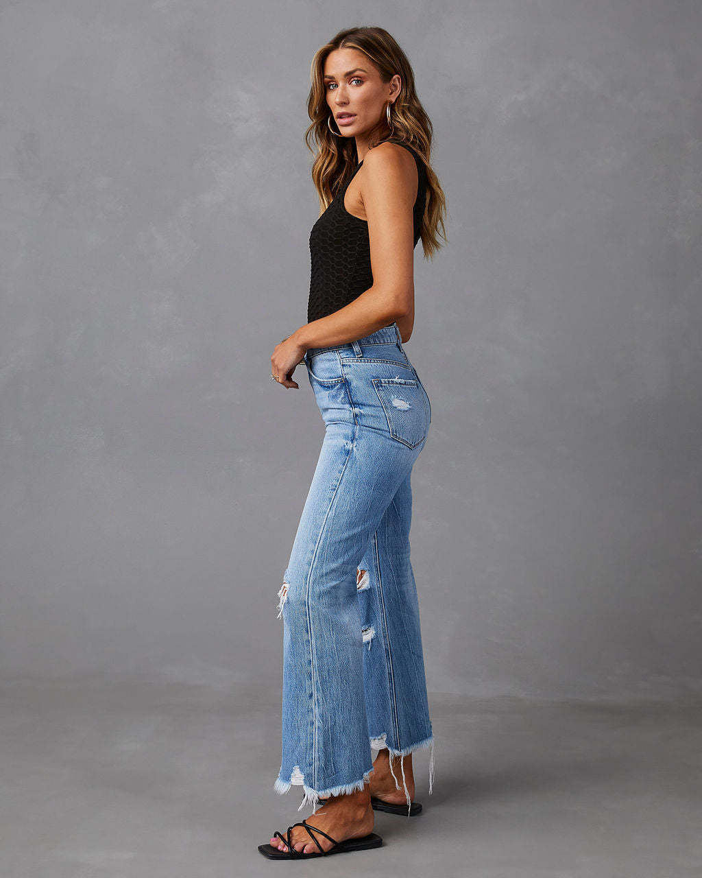 European And American Water Washed Hole High Waist Trousers Wide Leg Pants Jeans