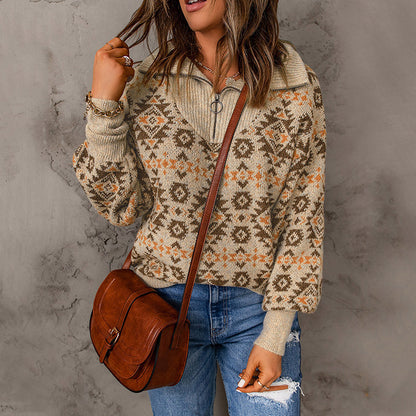 Printed Sweater European And American Loose Long Sleeve Zipped Stand Collar Top