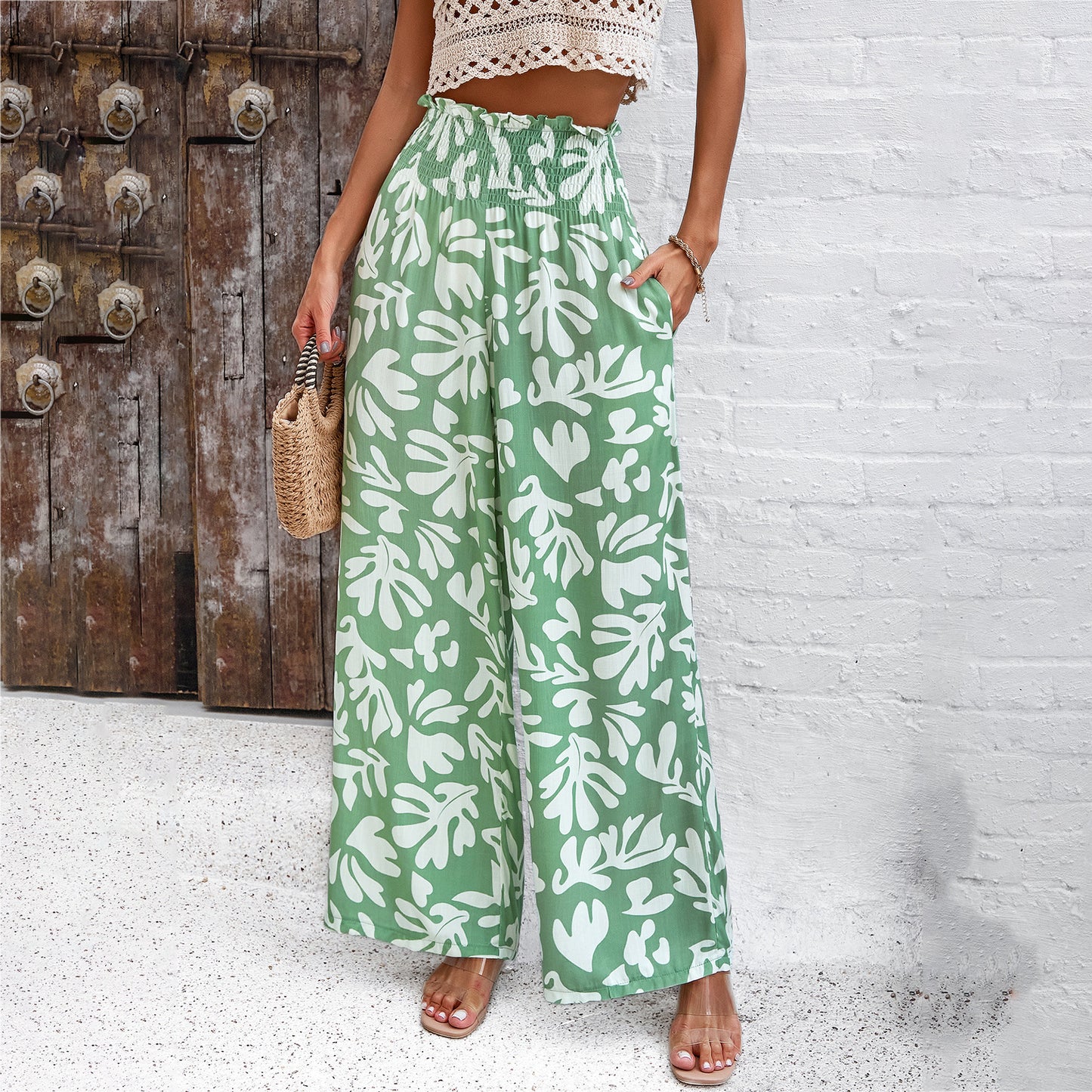 Elegant Printed Trousers Summer Loose Elastic High Waist Straight Pants For Beach Vacation Womens Clothing