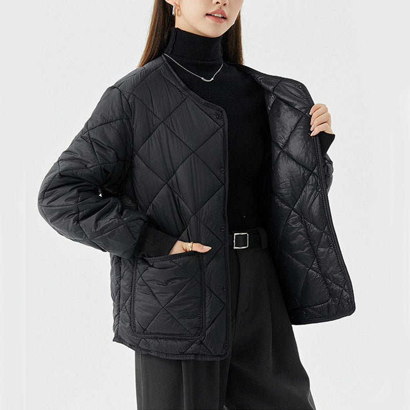 New Rhombus Sewing Cotton Coat Winter Warm Round-neck Jacket With Pockets Lightweight Outerwear For Women's Clothing