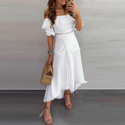 Off-shoulder ruffled top split skirt suit