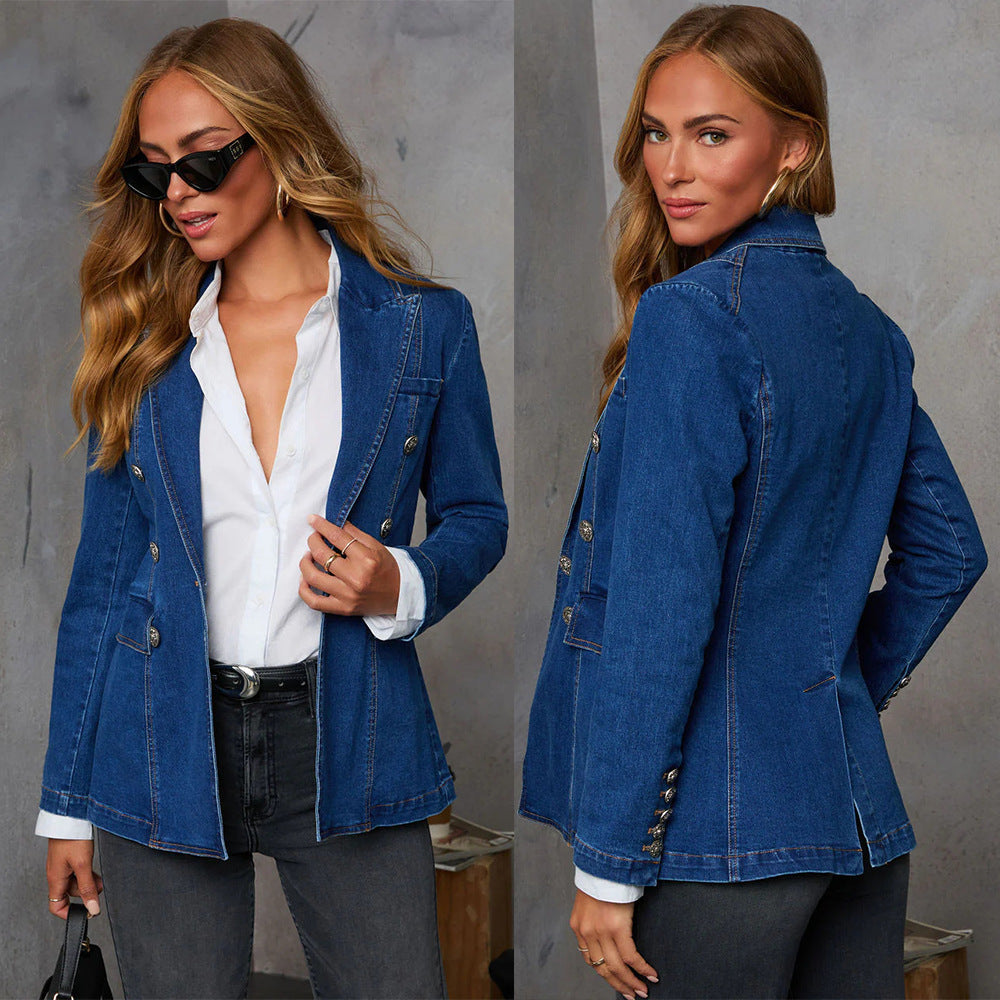 Casual Blue Denim Female Suit Coat