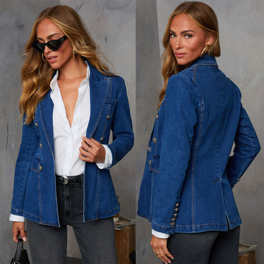 Manteau de costume décontracté en denim bleu pour femme