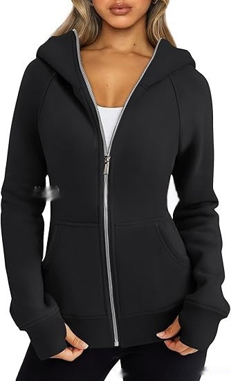 Women's Zipper Short Hood Fleece Lined Solid Color Hoodie Sweater