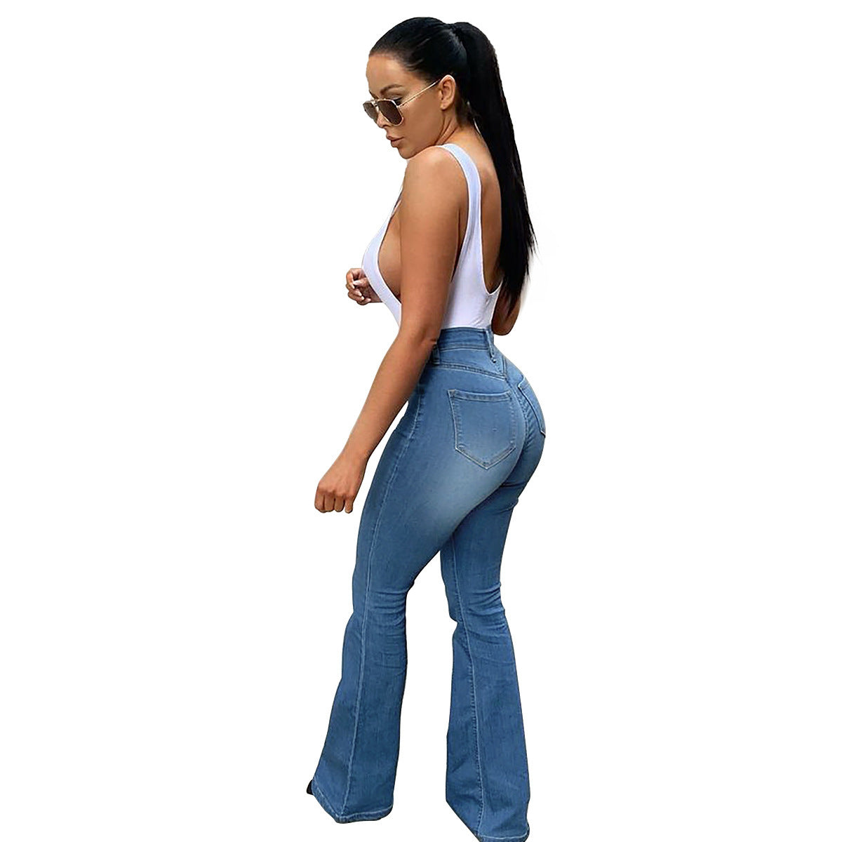 Women's Stretch High Waist Denim Pants Micro-pull Horseshoe Pants