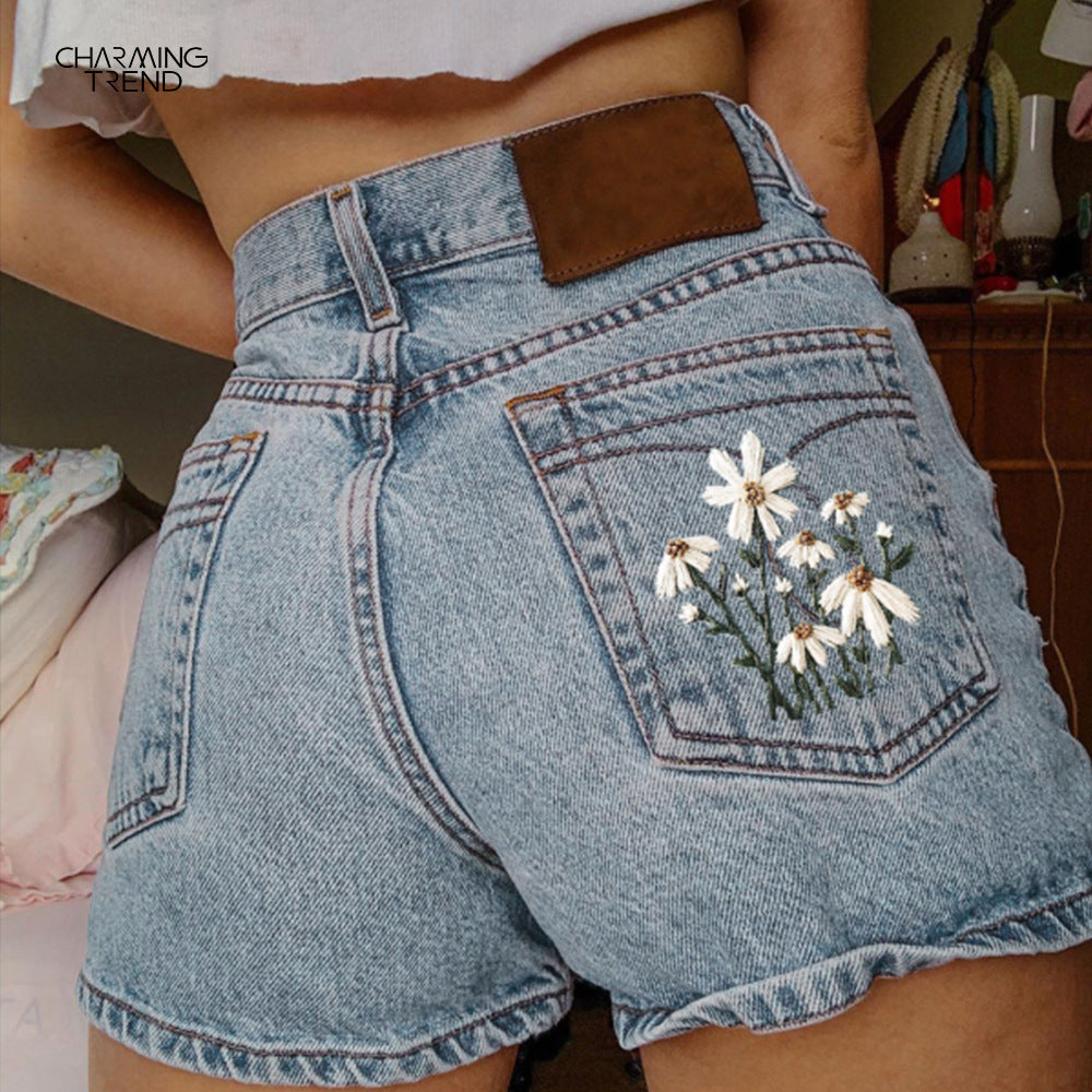 Short en jean imprimé artistique vintage pour femme