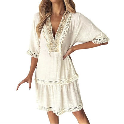 Summer V-neck European And American Style Dress Short-sleeve One-piece Dress For Women