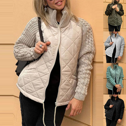 Veste en coton à col montant avec poches, manteau à fermeture éclair en tricot à la mode, hauts chauds d'hiver pour femmes