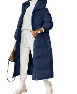 Manteau long élégant en coton rembourré à capuche de couleur unie pour femme, manteau à manches longues avec poche zippée