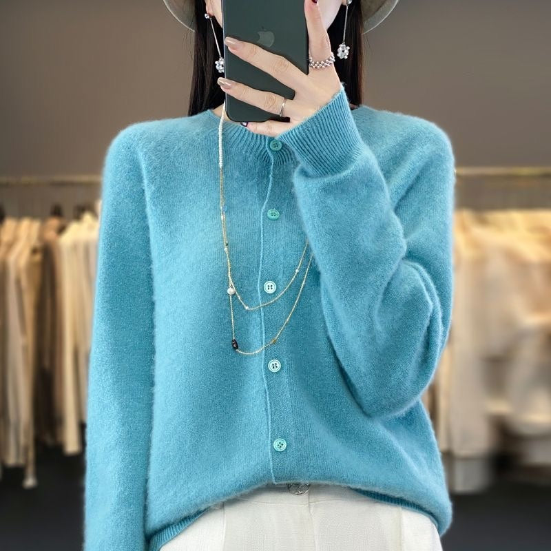 Pull cardigan en laine mérinos à la mode pour femme, col rond, manches longues, tricot en cachemire, printemps automne, vêtements pour femmes