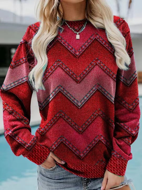 Color Block Denim Printing Casual Long-sleeved Geometric Sweater For Women