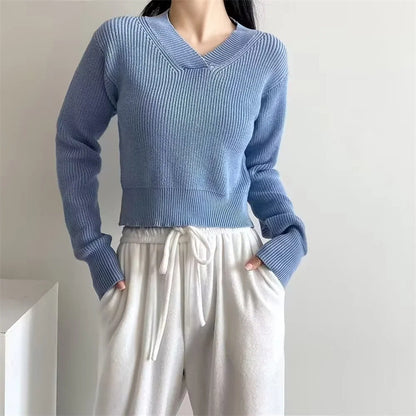 V-neck Thick Needle Pullover Cropped Sweater Autumn And Winter Women