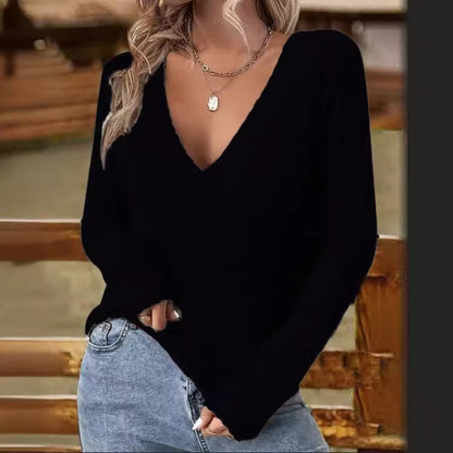 European And American Intellectual Style Temperament Pullover V-neck Slim-fit Long-sleeved Sweater