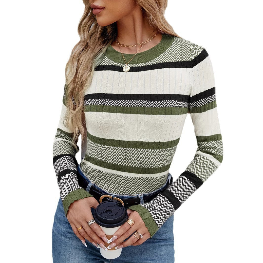 Contrast Color Striped Thread Top Fashion Sweater Women's