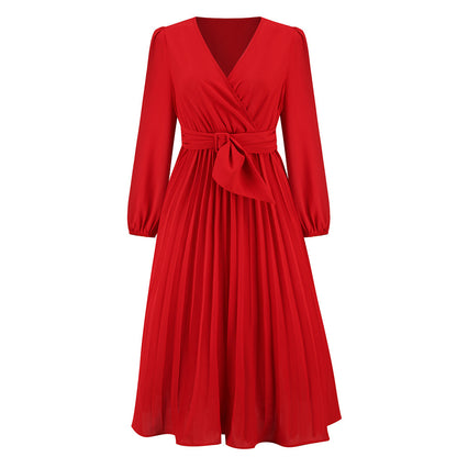 Women's Stylish Temperament Long Sleeves Slim-fit Pleated Belt V-neck Dress