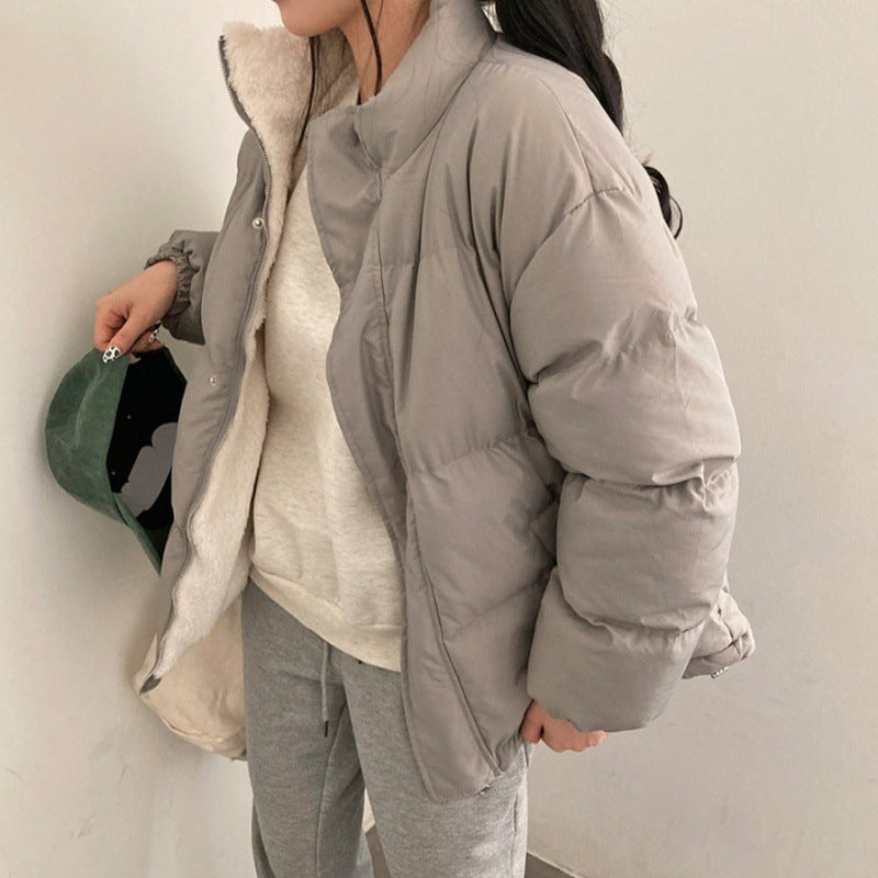 Manteau en coton matelassé chaud à manches longues pour femme, veste polyvalente à col montant et à double face