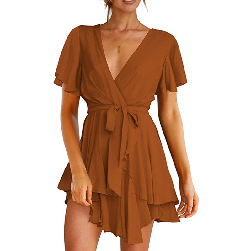 V-Neck Short Sleeve Mini Flowy Dress