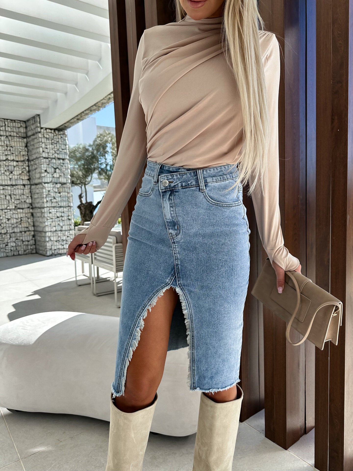 Split Fashion Casual Solid Denim Buttocks Skirt