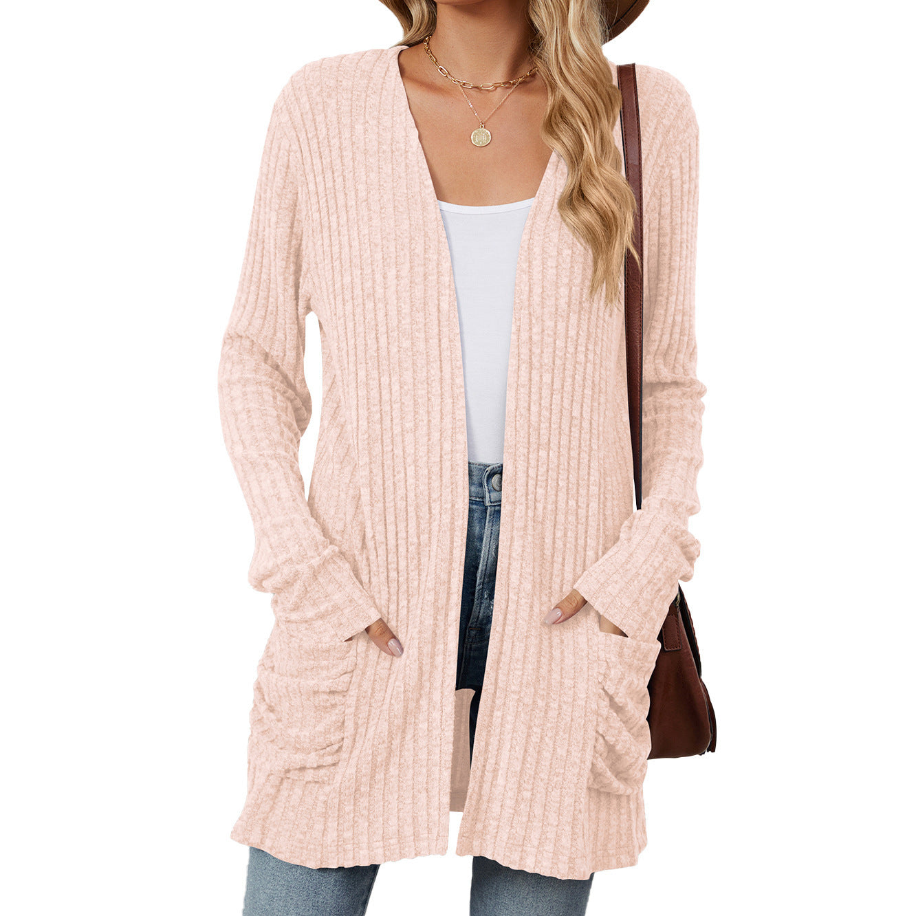 Solid Color Pocket Long Sleeve Bottoming Cardigan Knitwear