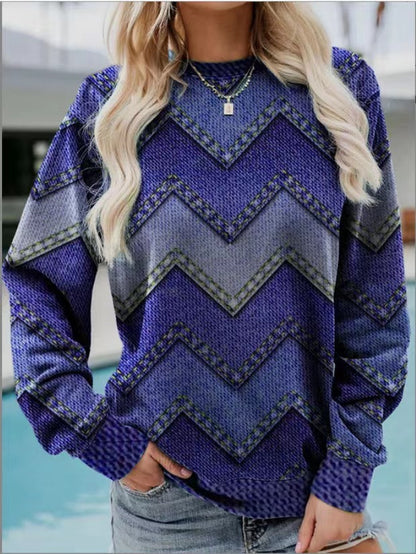 Color Block Denim Printing Casual Long-sleeved Geometric Sweater For Women