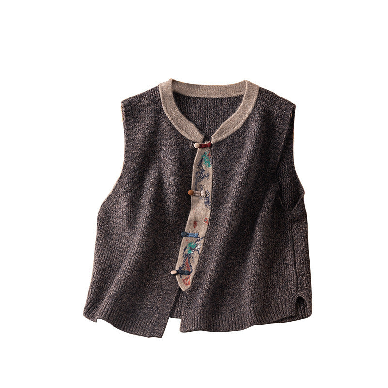 Retro Artistic Variegated Woolen Knitted Sleeveless Jacket