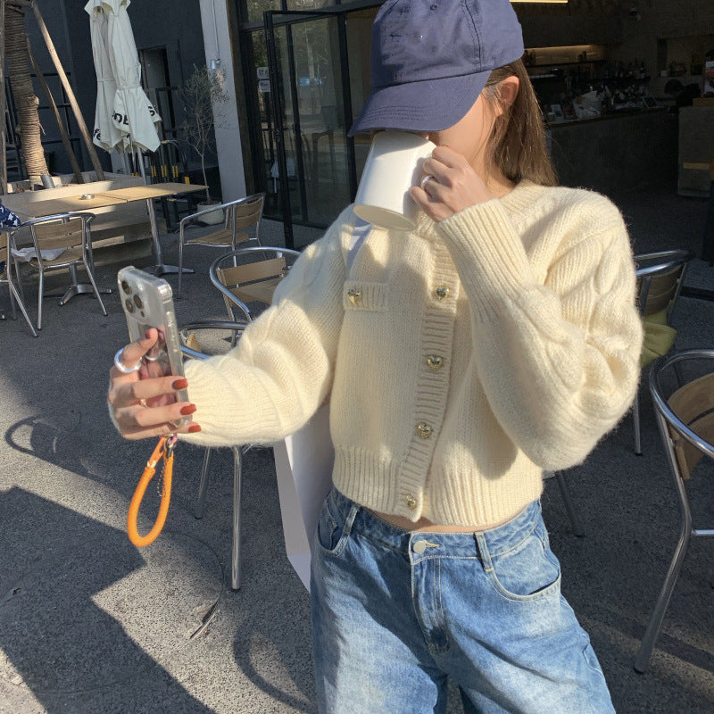 Heart Buckle Cable-knit Sweater Coat For Women Autumn