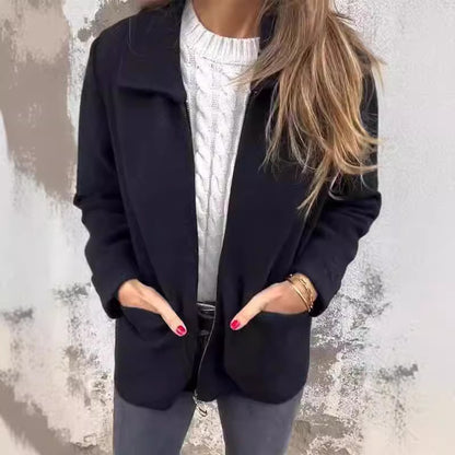 Veste à revers avec fermeture éclair et poches, manteau tendance de couleur unie pour l'automne et l'hiver, vêtements pour femmes