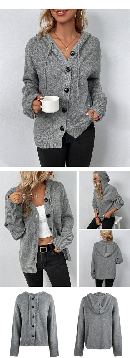 Pull à capuche de couleur unie à simple boutonnage pour femme