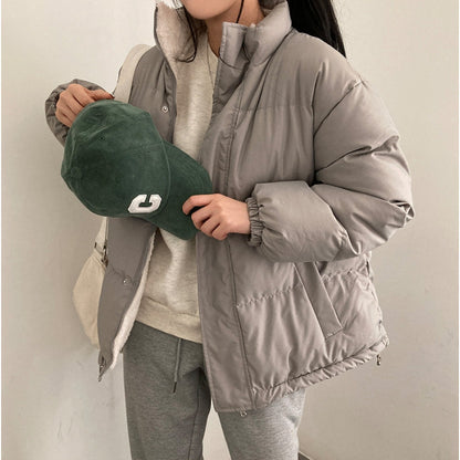 Manteau en coton matelassé chaud à manches longues pour femme, veste polyvalente à col montant et à double face