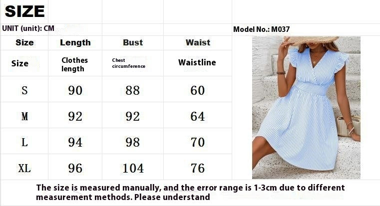 Spring And Summer Tight Waist V-neck Striped Shirt Dress