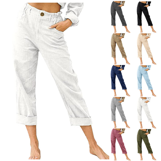 Pantalon patchwork en coton et lin pour femme, pantalon à taille élastique avec cordon de serrage au dos, pantalon décontracté ample