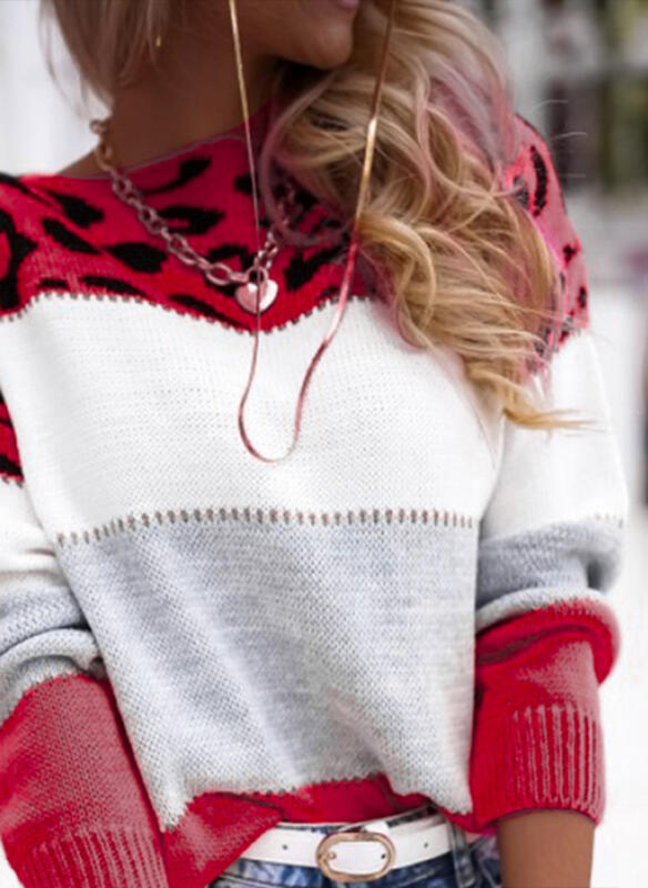 Pull décontracté à col rond et imprimé léopard colorblock pour femmes