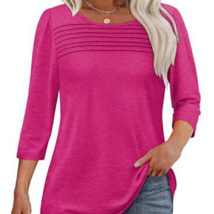 European And American Ladies Autumn And Winter Round Neck Three-quarter Sleeve Chest Tuck Line Peplum Top