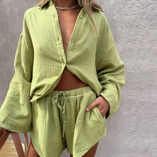 Long Sleeve Shirt Casual Shorts Two-piece Jacket